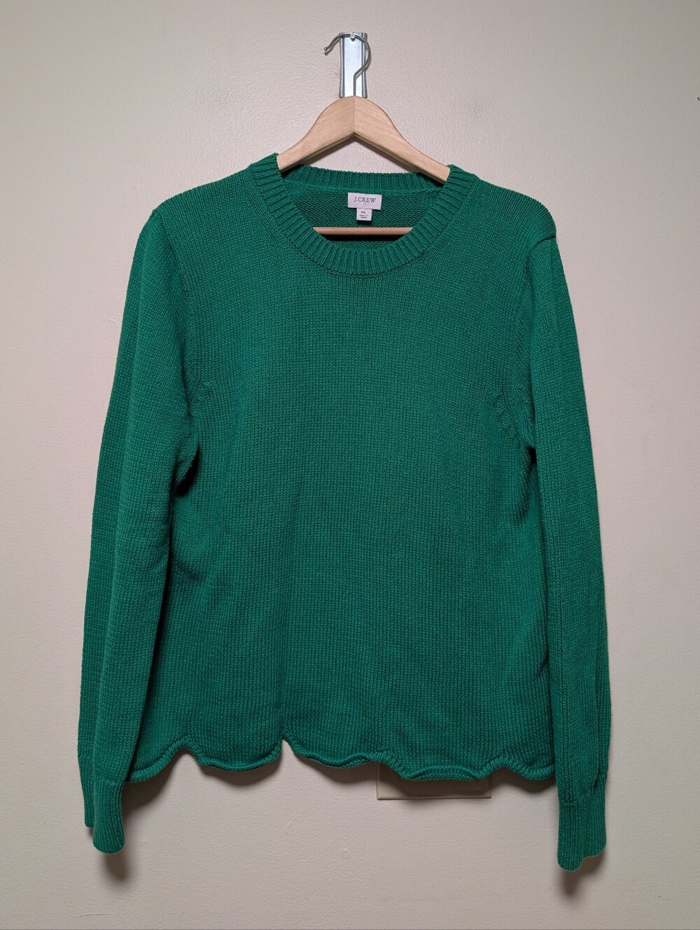 J.Crew Green Cotton Scallop Hem Crewneck Sweater XL Preppy